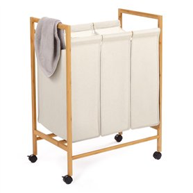 IDMarket - Panier à Linge 3 Compartiments en Bambou Rita Tissu écru avec roulettes