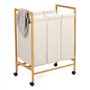 IDMarket - Panier à Linge 3 Compartiments en Bambou Rita Tissu écru avec roulettes