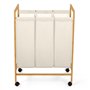 IDMarket - Panier à Linge 3 Compartiments en Bambou Rita Tissu écru avec roulettes