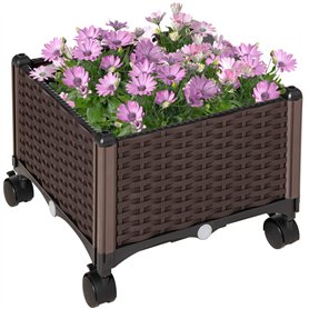 Outsunny Jardinière sur roulettes dim. 40L x 40l x 31H cm Insert d'irrigation Plastique Imitation rotin tressé Chocolat