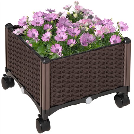 Outsunny Jardinière sur roulettes dim. 40L x 40l x 31H cm Insert d'irrigation Plastique Imitation rotin tressé Chocolat