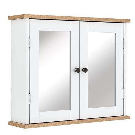 kleankin Armoire Murale avec Miroir pour Salle de Bain 2 Niveaux avec 1 étagère réglable et 2 Portes en Bois- dim. 56I x 14P x 4