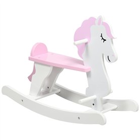 HOMCOM Cheval à Bascule en Bois pour Enfant de 1 à 3 Ans Jouet à Bascule bébé garçons et filless Repose-Pied butées Blanc et Ros