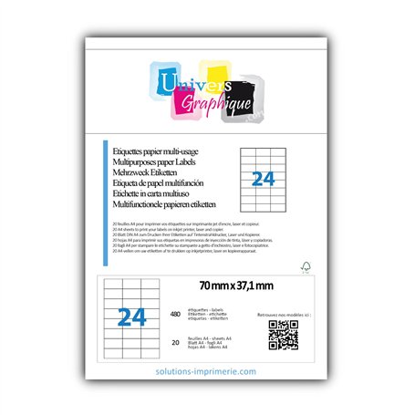 480 Etiquettes adressage autocollantes 70 x 37 mm - 20 Feuilles A4 de 24 étiquettes multi-usage compatibles jet d’encre