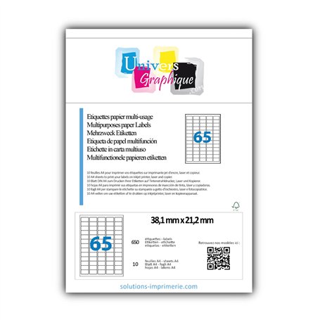 650 étiquettes 38 x 21 Petite Étiquette blanches adhésives personnalisable. = 10 feuilles de 65 mini étiquettes autocollantes bl