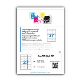 20 Planches de 27 étiquettes 63.5 x 29.6 mm = 540 etiquettes - Blanc Mat - pour imprimantes Laser et Jet d'encre - Feuilles A4 a