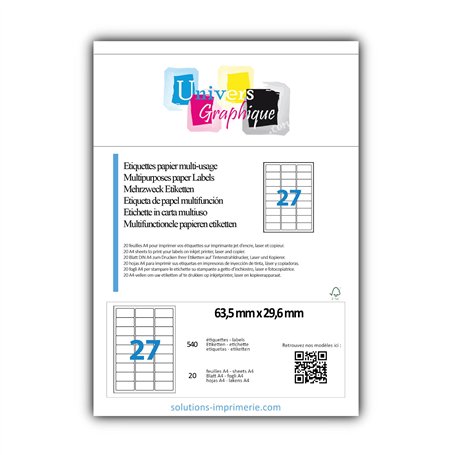20 Planches de 27 étiquettes 63.5 x 29.6 mm = 540 etiquettes - Blanc Mat - pour imprimantes Laser et Jet d'encre - Feuilles A4 a