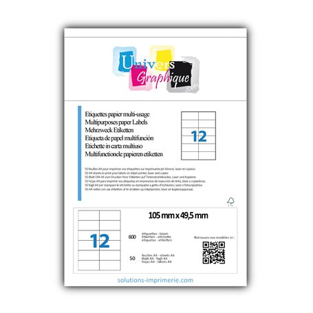 50 Planches de 12 étiquette autocollante 105 x 49.5 mm = 600 etiquettes Blanc Mat - pour imprimantes Laser et Jet d'encre Feuill