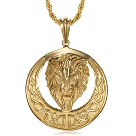BOBIJOO Jewelry - Imposant Pendentif Tête de Lion Solaire Acier Inoxydable Doré Or Fin + Chaîne