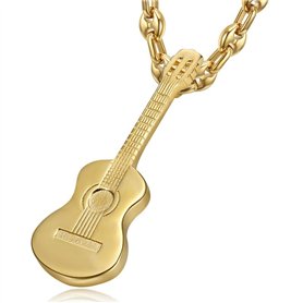 LE BAGACIER - Pendentif Collier Guitare Classique 6 Cordes Gitan Acier Inoxydable Or Chaîne Grain de café