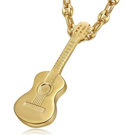 LE BAGACIER - Pendentif Collier Guitare Classique 6 Cordes Gitan Acier Inoxydable Or Chaîne Grain de café
