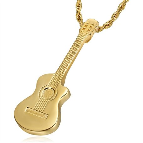 LE BAGACIER - Pendentif Guitare pan coupé Gitan Musicien Collier Acier Or