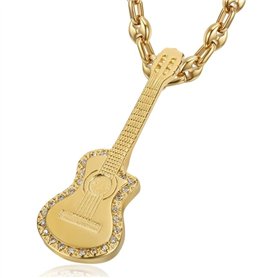 BOBIJOO Jewelry - Pendentif Collier Guitare pan coupé Gitan Acier Inoxydable Or Diamants Chaîne Grain de café