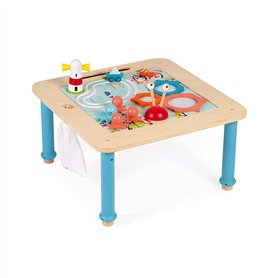 Janod - Table d'Activités Évolutive en Bois - 5 Activités Premier Âge - Plateau à Dessin Magnétique - Avec Sac de Rangement Accr
