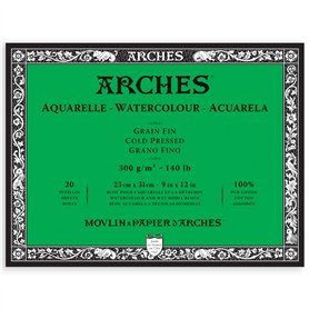 ARCHES Aquarelle - Bloc 20 feuilles 23x31 collé 4 côtés - 300g/m² - grain fin