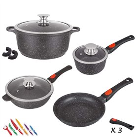 Kamberg - Set Lot Batterie de cuisine 10 pièces - Fonte d'aluminium - Revêtement pierre - Manche Amovible - Tous Feux dont Induc