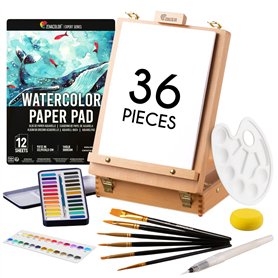 Set de Peinture Aquarelle 36 Pièces - Cadeau Kit d' Aquarelle pour débuter - Boite 2-en-1 Rangement et Chevalet