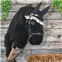 Hobby Horse Frison Noir, Cheval bâton Complet avec Filet, Mors, rêne, Licol et Bonnet Anti-Insectes. Tête de Cheval bâton pour H