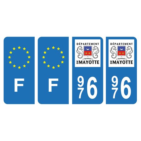 HADEXIA Lot 4 Autocollants Plaque d'immatriculation Auto Voiture 976 Mayotte & F France Europe