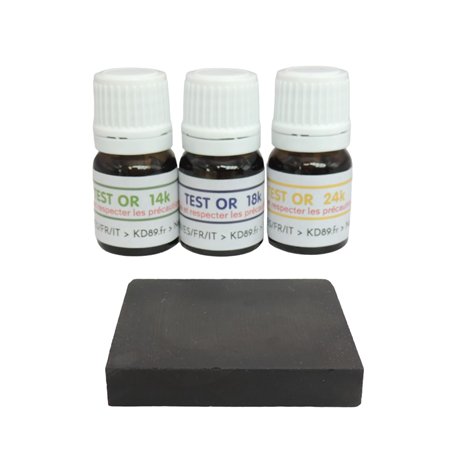 KD89 Assortiment de réactifs/solutions pour tester l'or - 14-18-24 carats - Avec pierre de touche naturelle et notice multi-lang