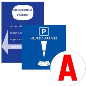 Kit Jeune Conducteur INDISPENSABLE Disque bleu de stationnement (Fabriqué en France) + A Jeune Conducteur Magnetique + Constat A
