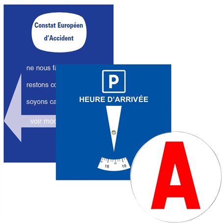 Kit Jeune Conducteur INDISPENSABLE Disque bleu de stationnement (Fabriqué en France) + A Jeune Conducteur Magnetique + Constat A