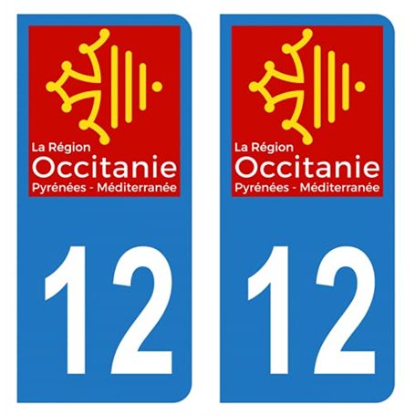 Autocollant Stickers plaque immatriculation voiture auto département 12 Aveyron Logo Région Occitanie