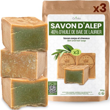 ORINKO - 3 Savons d'Alep Traditionnel de 120G + E-Book - 40% d'Huile de Baies De Laurier - Soin Visage Corps et Cheveux – Tous T