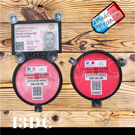 I3DC Support VTC Carte Professionnelle ET Macaron Avant/ARRIÈRE Noir Fixation VENTOUSES pour Carte VTC 8.5X5.5 cm