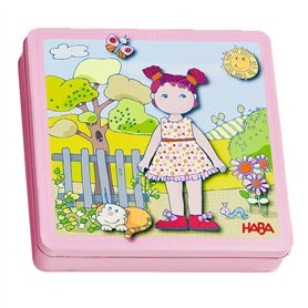 HABA 7392 - Boîte de Jeu magnétique Poupée Lilli à Habiller - 54 pièces magnétiques et 4 Fonds dans Une boîte métallique Robuste