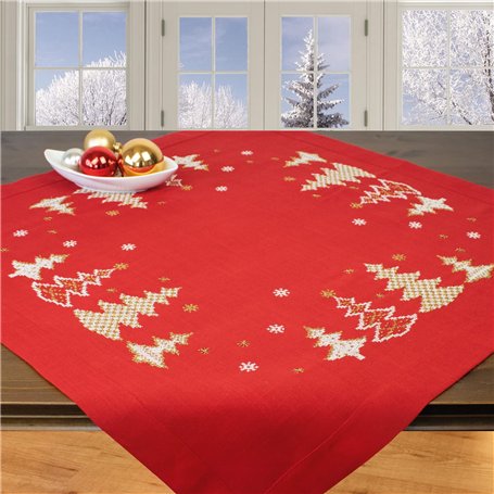 Ernst Schäfer Kit de broderie au point de croix complet pré-dessiné - Motif sapin rouge - Kit de broderie d'hiver avec modèle de