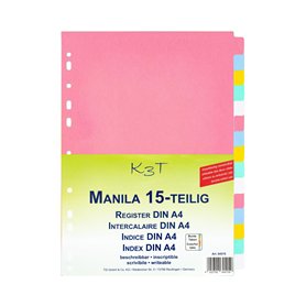 K3T Intercalaires de 15 pièces en carton manille solide avec onglets colorés