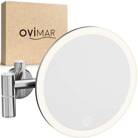 ovimar Vorupor Miroir cosmétique argenté | Avec éclairage | Rechargeable | Montage mural à percer | Dans la salle de bain | Miro