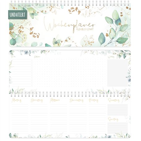 Calendrier hebdomadaire de bureau non daté [feuille d'or] format horizontal à poser - 1 semaine 2 pages - agenda semainier sans