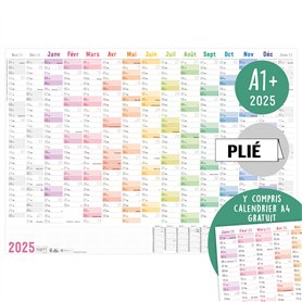 Häfft® Calendrier mural XXL 2025 A1+ en français (63 x 89 cm) plié "Rainbow" + agenda annuel A4 gratuit