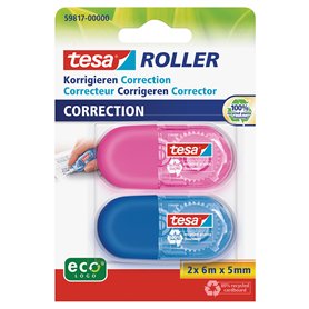 tesa Mini Roller de Correction EcoLogo - Pack de 2 Mini Rollers de Correction avec Design Ergonomique Multicolore - Dimension du