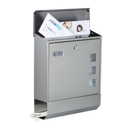 Relaxdays Boîte aux lettres compartiment journaux inox design mural avec nom et fenêtre HxlxP: 42 x 35 x 12