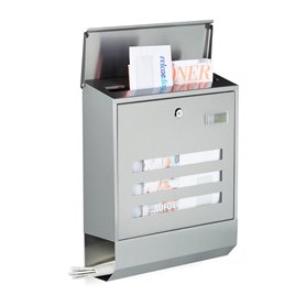 Relaxdays Boîte aux lettres compartiment journaux inox design mural avec nom et fenêtre HxlxP: 42 x 35 x 12