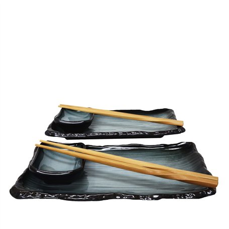 MystiCalls Lot de 8 pièces de vaisselle à sushi pour 2 personnes Bleu/noir – Set de service à sushi avec 2 assiettes à sushi