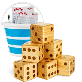 Toyfel Jeu de Dés XXL Chuck Bois de Pin Certifié FSC® - Jeu Intérieur & d‘Extérieur Enfants & Adultes – Jeu 6 Dés Géants 9 cm av