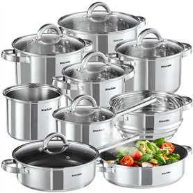 tectake® Set de casseroles & Poele Inox 15 pcs