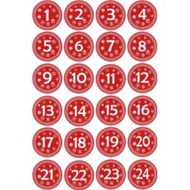 Jintora - autocollants pour Advent 1 à 24 - style vintage rouge - Étiquettes - Stickers - Calendrier de l'Avent - rond - coupe B