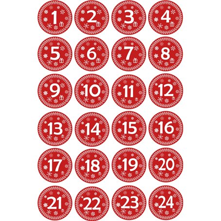 Jintora - autocollants pour Advent 1 à 24 - style vintage rouge - Étiquettes - Stickers - Calendrier de l'Avent - rond - coupe B
