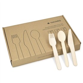 Navaris Set Couverts en Bois - Lot 100x Fourchette 50x Couteau 50x Cuillère en Bois de Bouleau - 100% Naturel Biodégradable et É