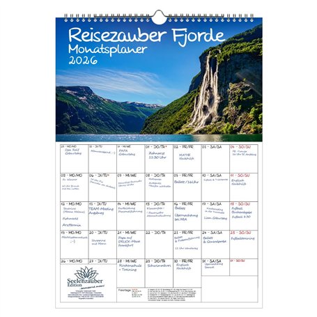 Reisezauber Calendrier Fjorde format A3 pour 2026 Rivière – Contenu : 1 calendrier
