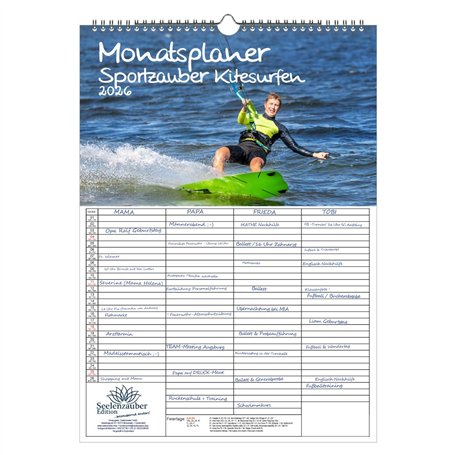 Sportzauber Calendrier familial à 4 colonnes format A3 pour kitesurf surf – Avec 1 calendrier