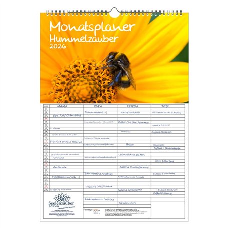 Hummelzauber Calendrier familial à 4 colonnes DIN A3 pour 2026 Motif bourdons – Avec 1 calendrier