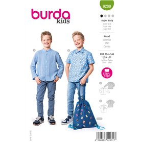 Burda kids Patron de couture pour garçon #9209 Chemise avec col montant et chemise à manches courtes avec poche poitrine Taille