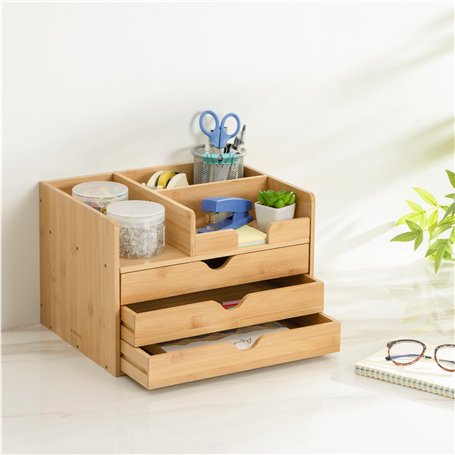 Navaris Organisateur de Bureau - Organiseur Range Document et pour le Rangement de Fournitures - Casier en Bois de Bambou Nature