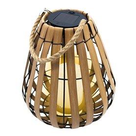 Lanterne solaire avec bougie LED en blanc chaud avec effet vacillant – 30 x 25 cm – Lampe de jardin aspect bois avec cordon en j